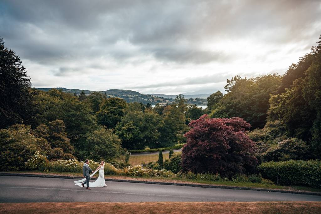 Bride & Groom wedding photography in front of Merewood Country House Hotel