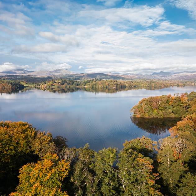 View of Lake Windermere and surrounding fells in Autumn, from Cragwood's private jetty